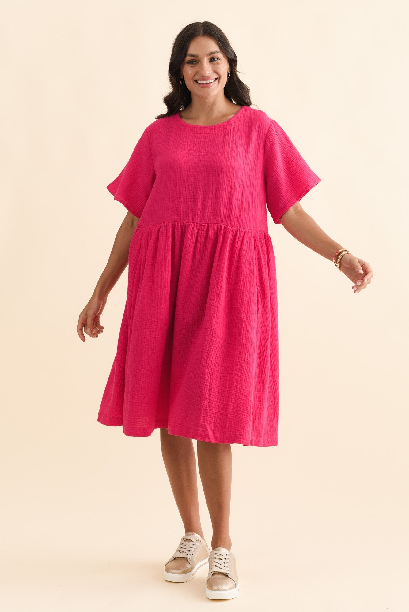 Cloud Gauze Pink Cotton Pocket Dress Front View
