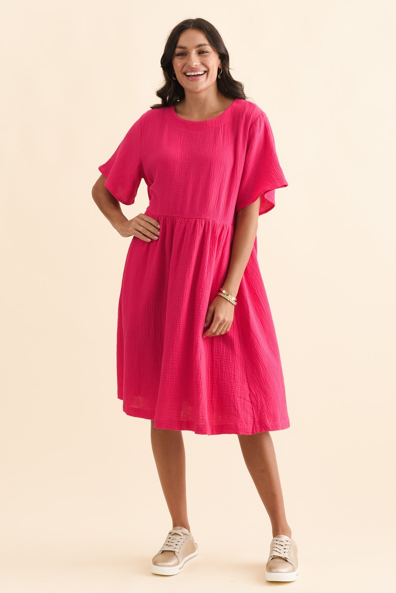 Cloud Gauze Pink Cotton Pocket Dress Front View 2