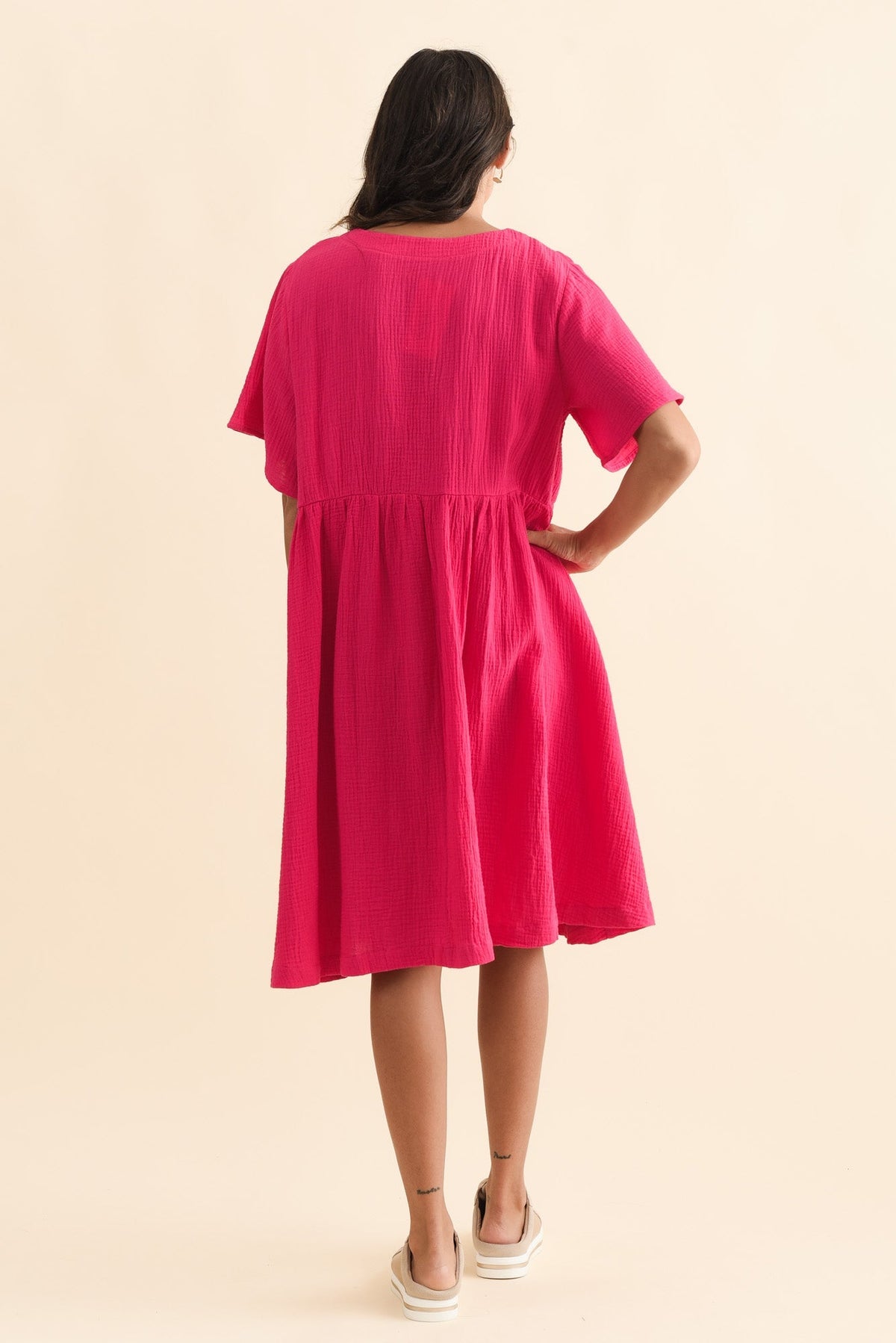 Cloud Gauze Pink Cotton Pocket Dress Side View