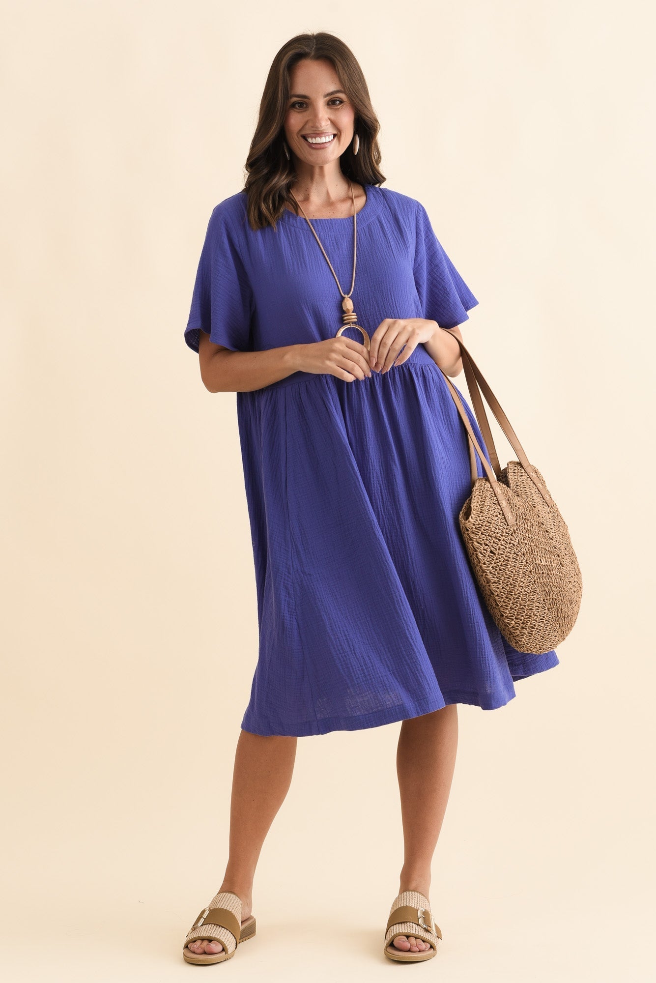 Cloud Gauze Purple Cotton Pocket Dress Front View