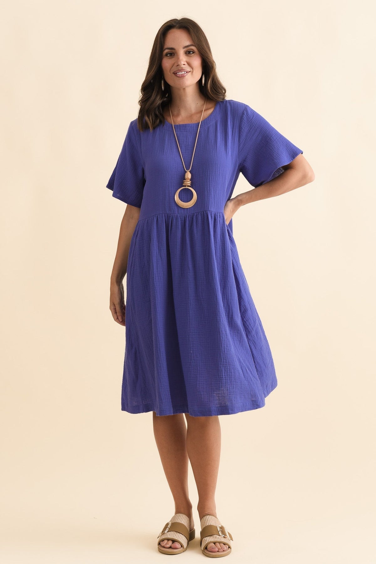 Cloud Gauze Purple Cotton Pocket Dress Back View