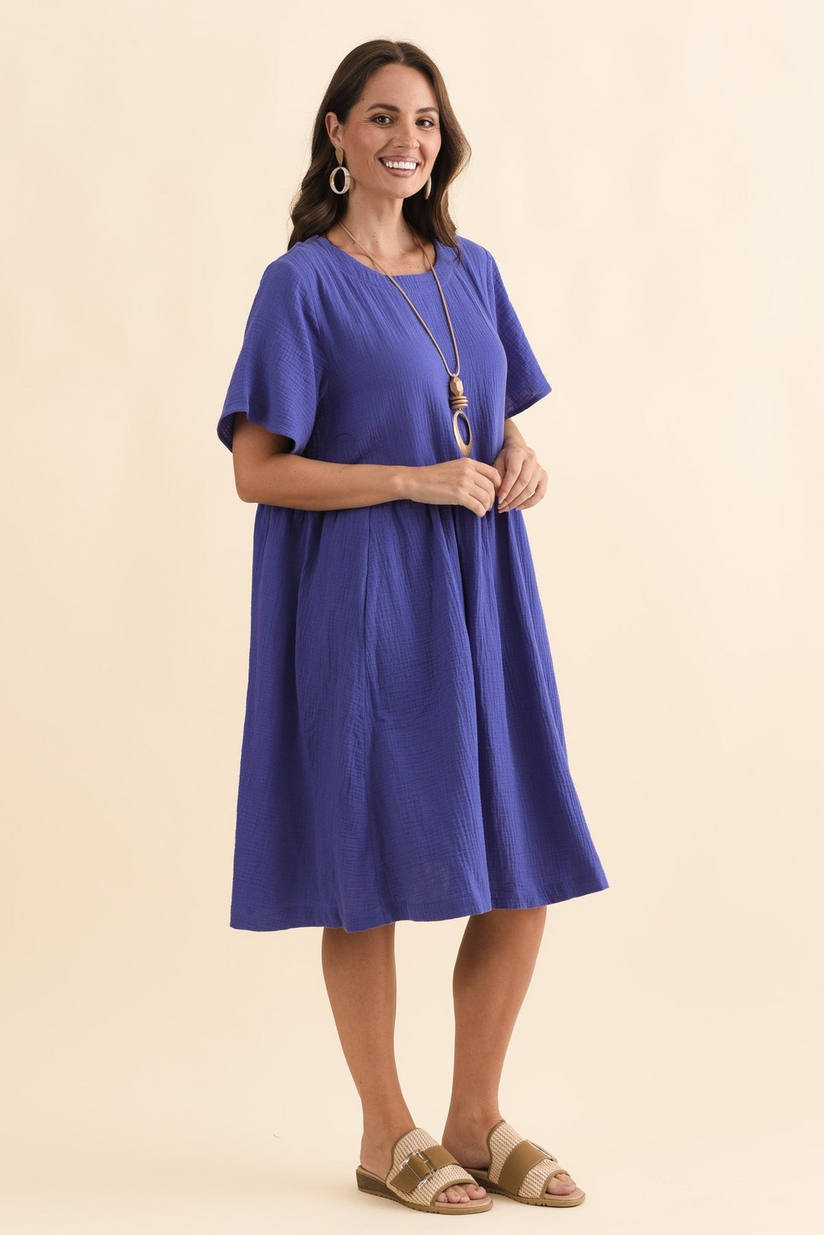 Cloud Gauze Purple Cotton Pocket Dress Side View