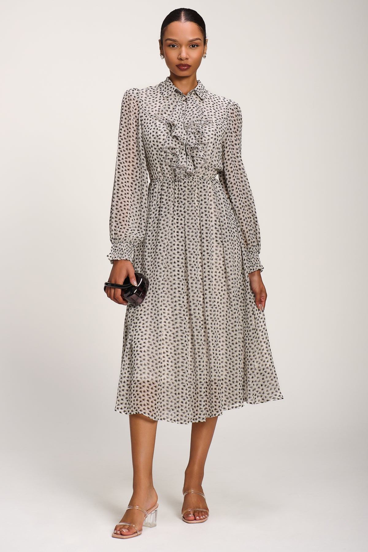 Chiffon Ruffle Long Sleeve Shirt Dress Front View
