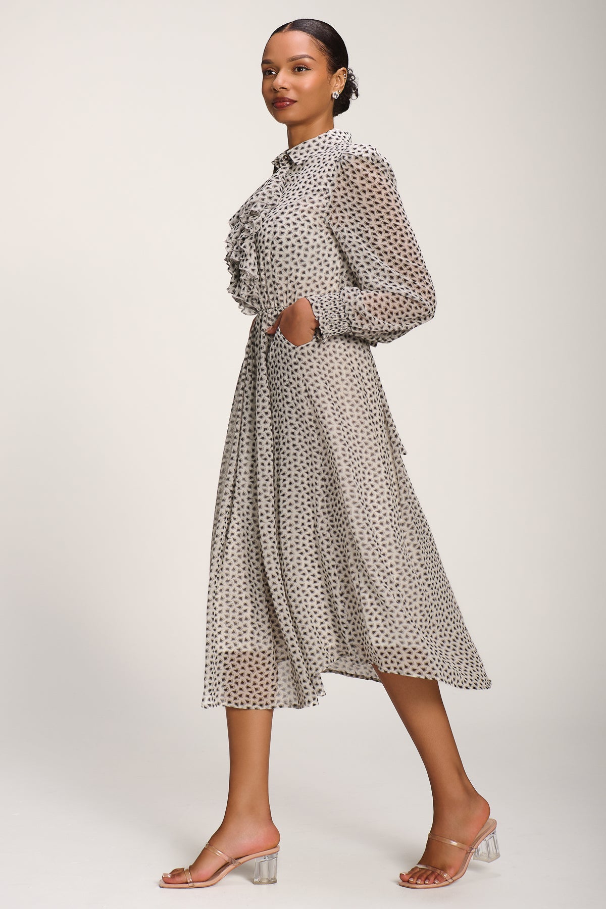 Chiffon Ruffle Long Sleeve Shirt Dress Front View 2