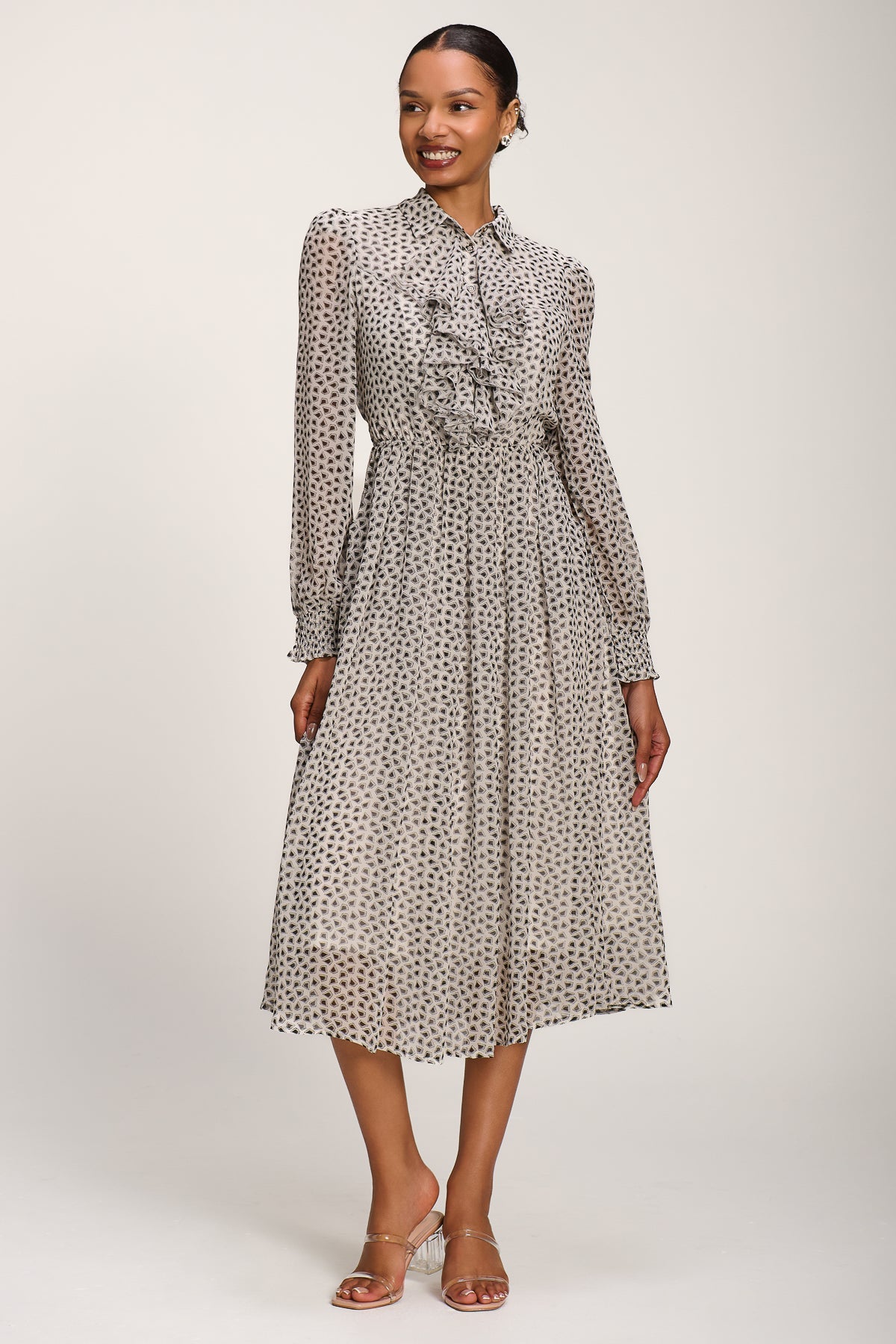 Chiffon Ruffle Long Sleeve Shirt Dress Detail View