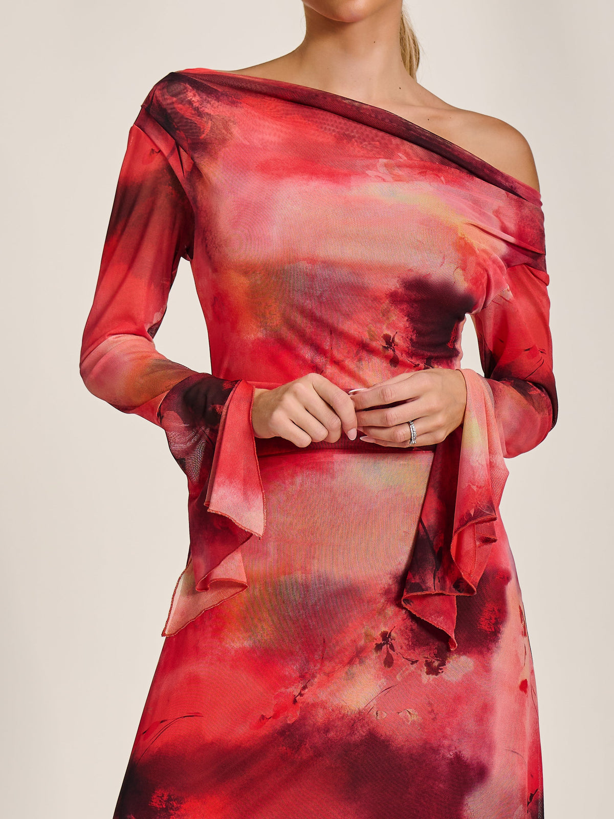 Long Sleeve Slash Neck Mesh Maxi Dress Detail View