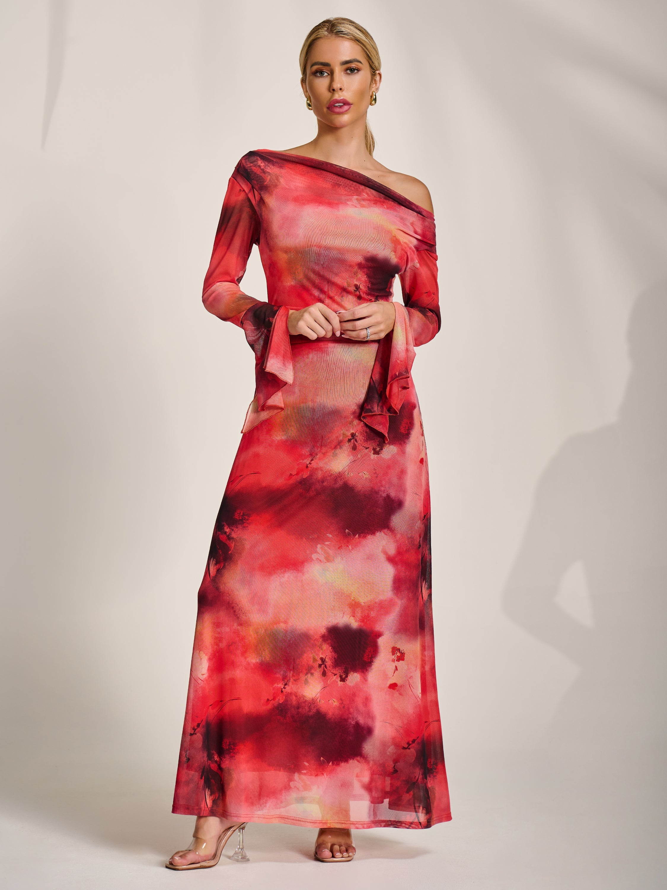 Long Sleeve Slash Neck Mesh Maxi Dress Front View