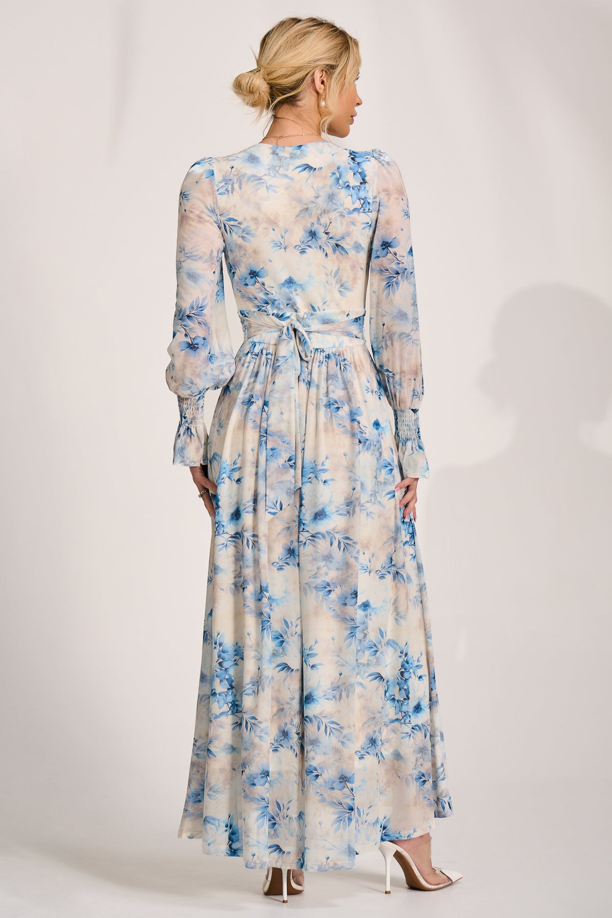 Long Sleeve V Neck Mesh Maxi Dress cream floral Back View