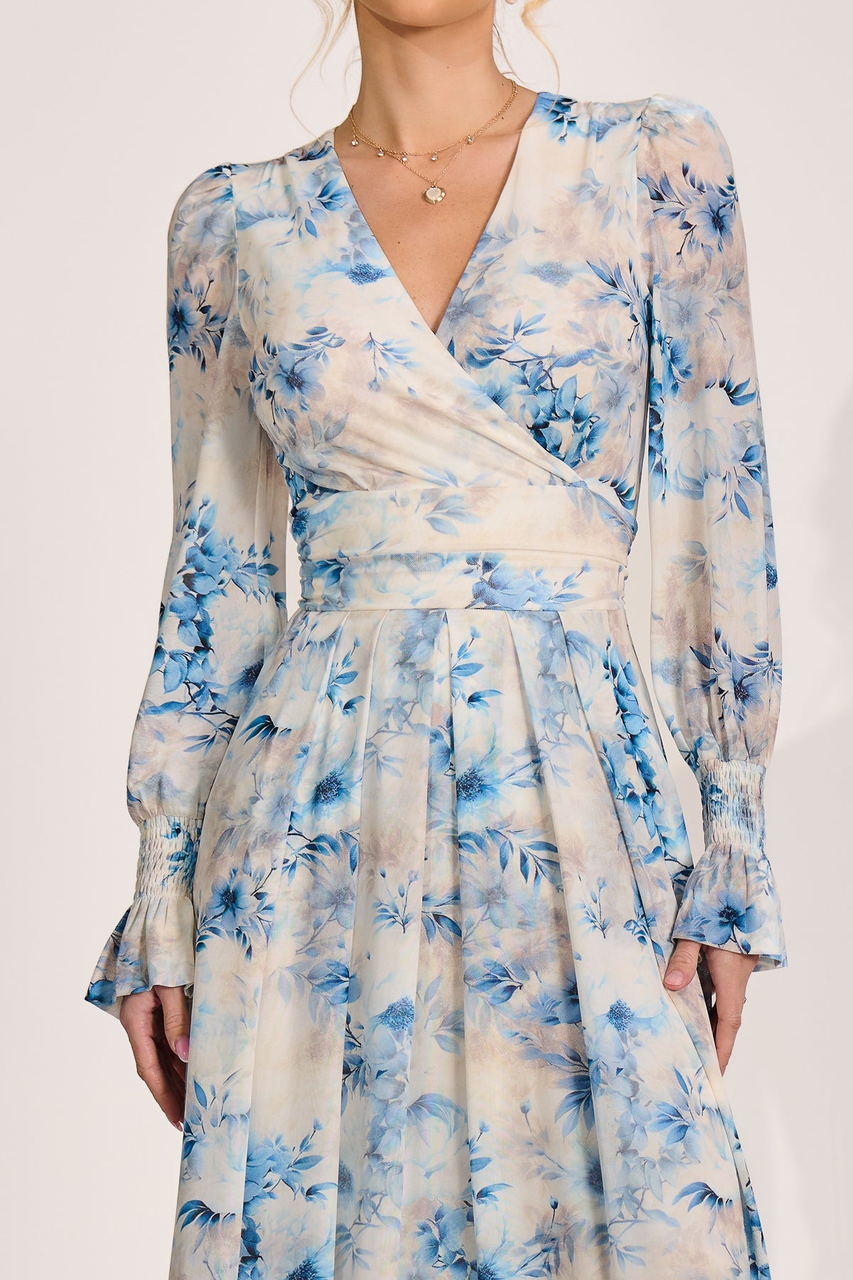 Long Sleeve V Neck Mesh Maxi Dress cream floral Side View