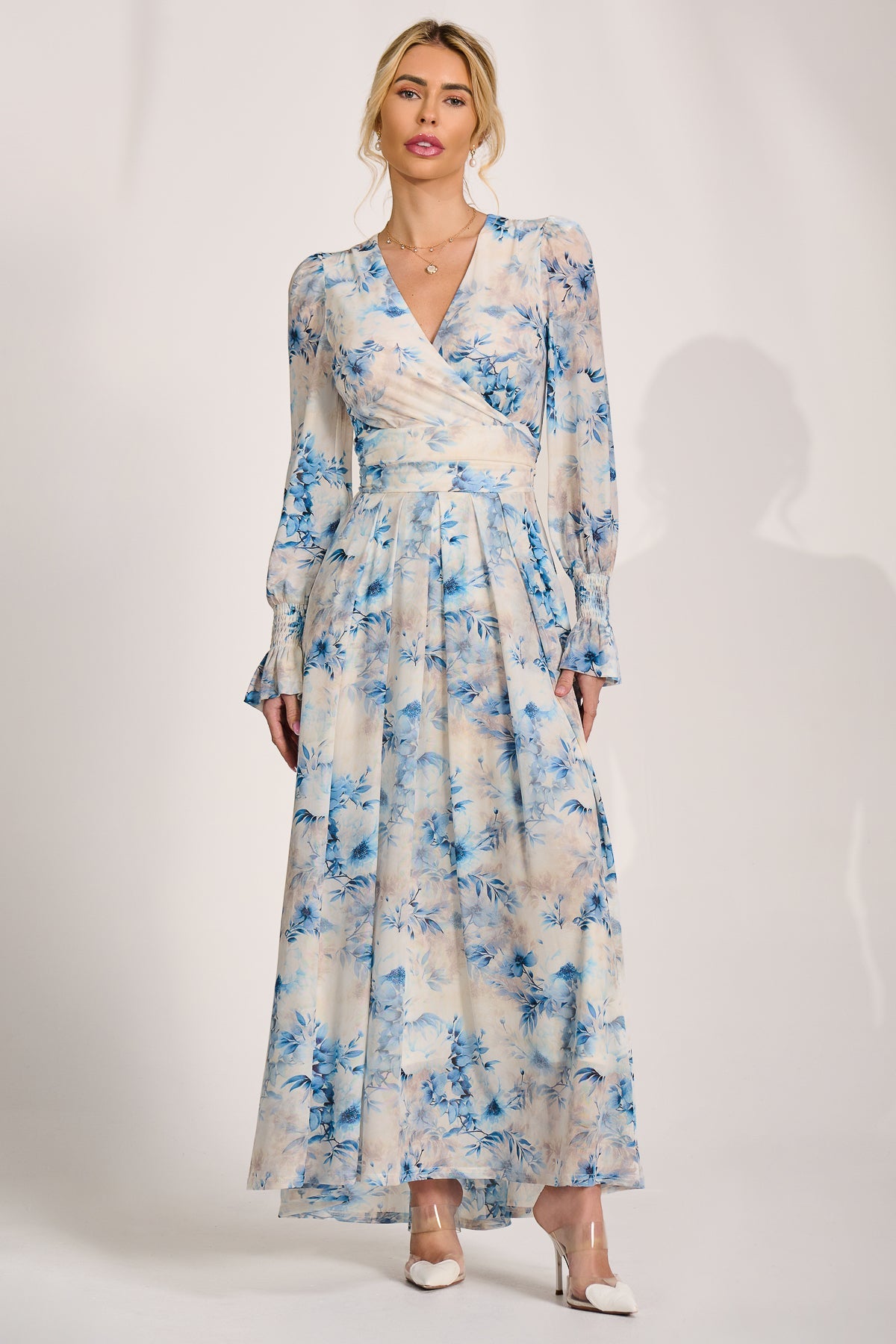 Long Sleeve V Neck Mesh Maxi Dress cream floral Detail View