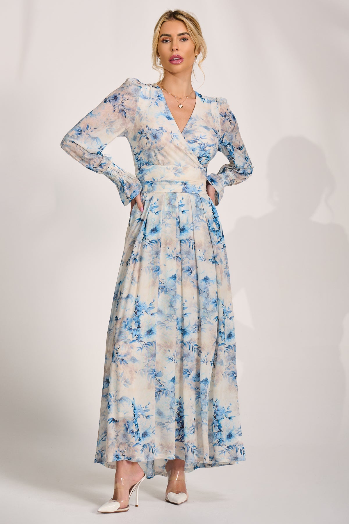 Long Sleeve V Neck Mesh Maxi Dress cream floral Styled View