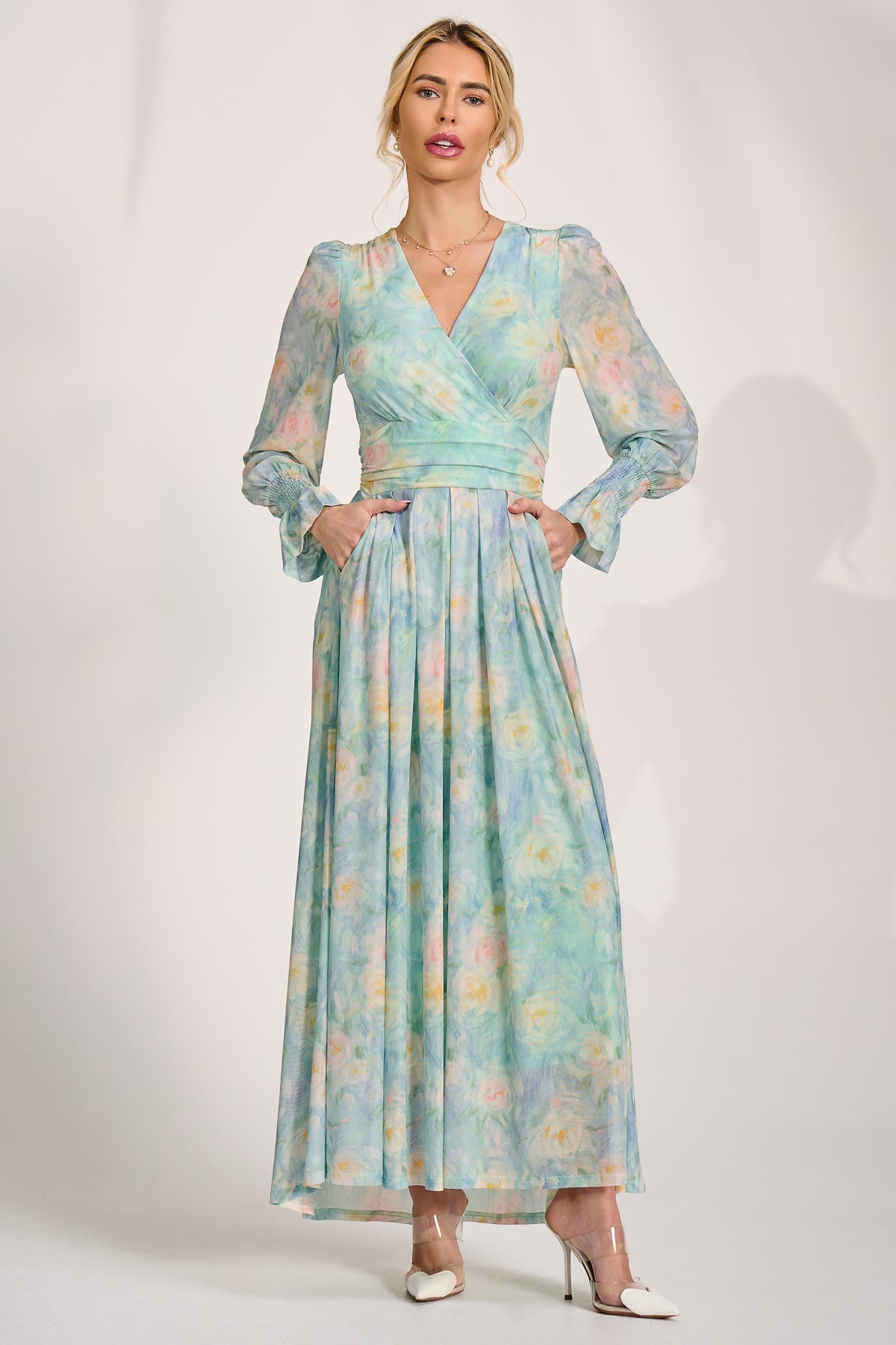 Long Sleeve V Neck Mesh Maxi Dress Green Abstract Front View