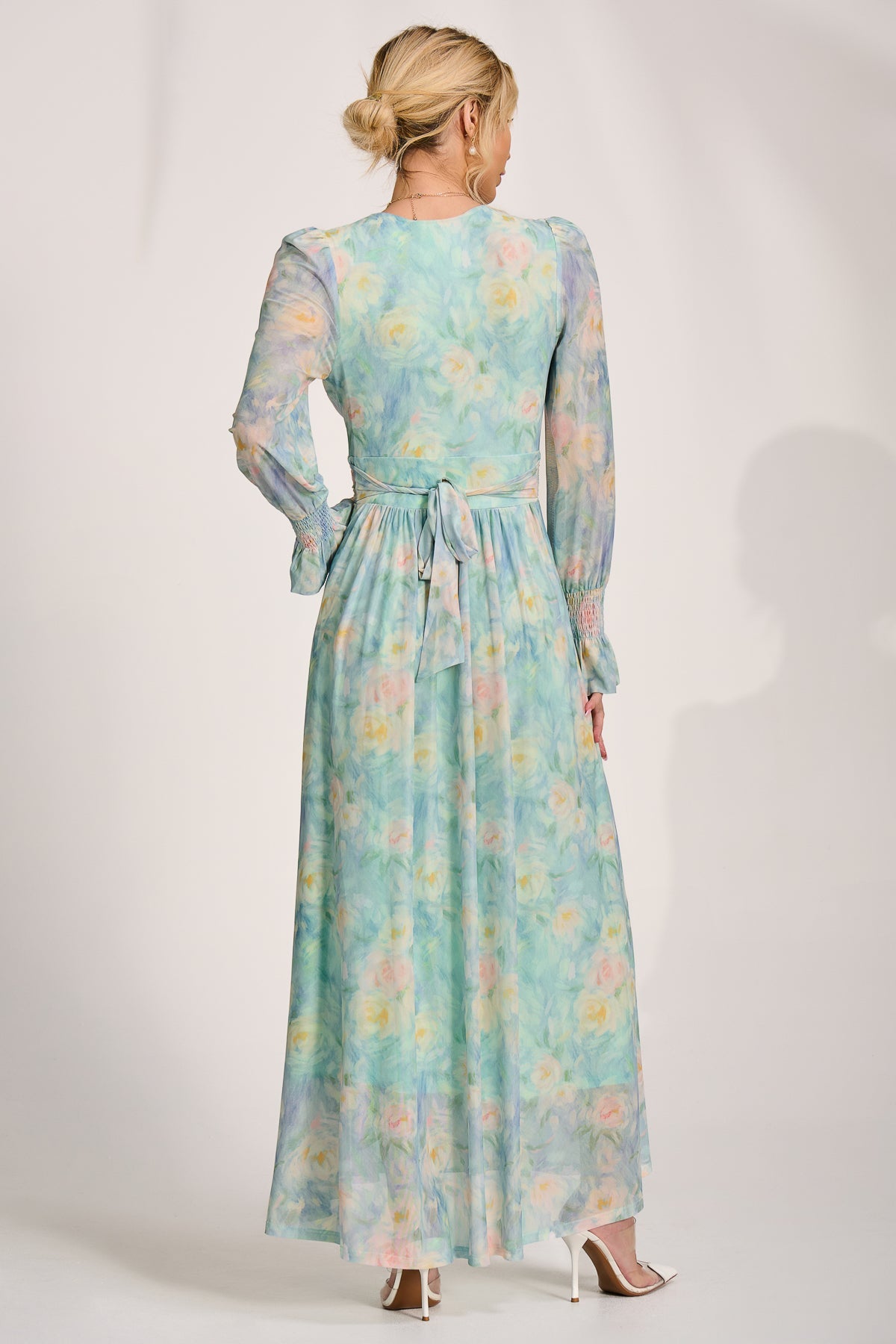 Long Sleeve V Neck Mesh Maxi Dress Green Abstract Back View