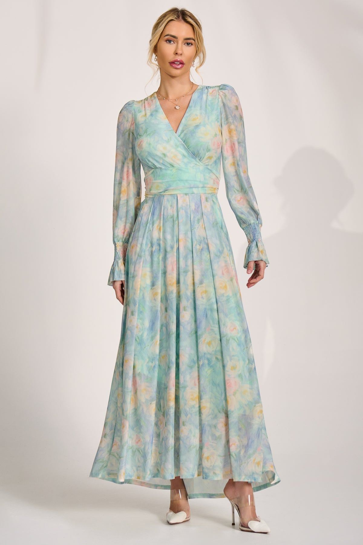 Long Sleeve V Neck Mesh Maxi Dress Green Abstract Detail View