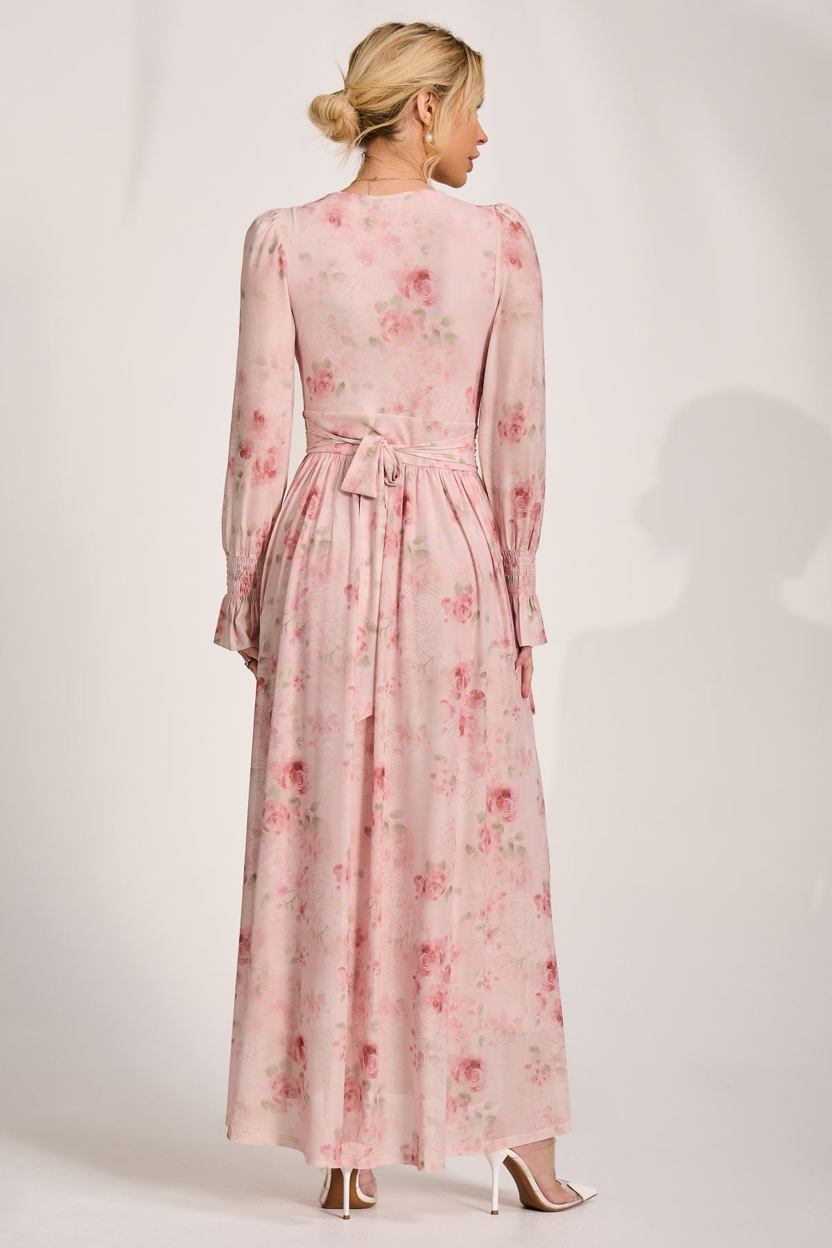Long Sleeve V Neck Mesh Maxi Dress pink floral Back View