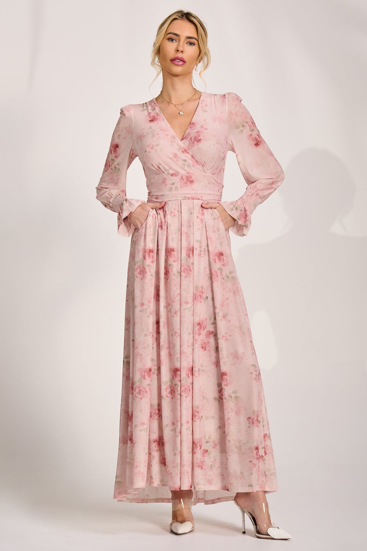 Long Sleeve V Neck Mesh Maxi Dress pink floral Full Length View