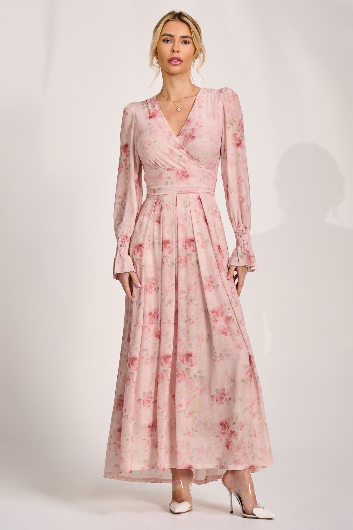 Long Sleeve V Neck Mesh Maxi Dress pink floral Styled View