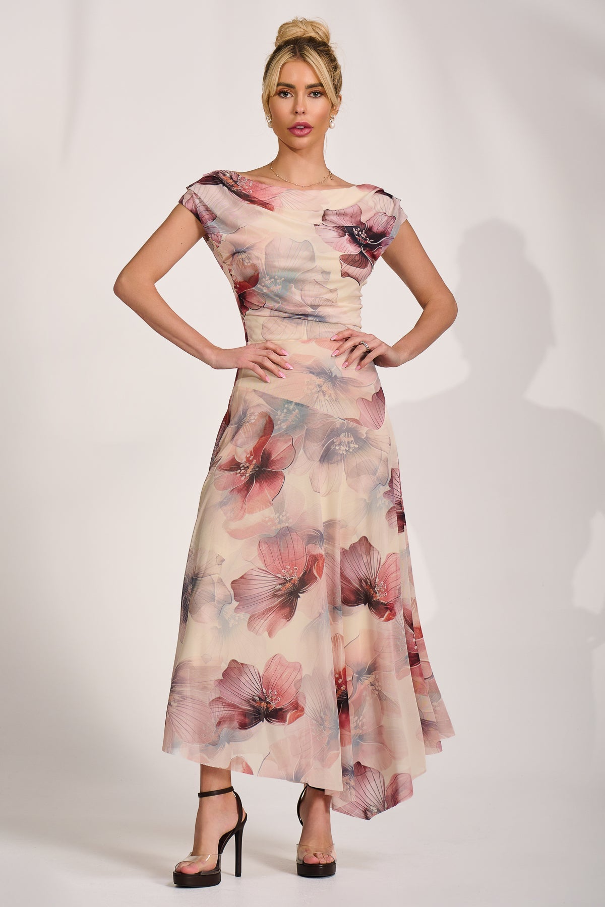 Asymmetrical Draped Mesh Maxi Dress Front View