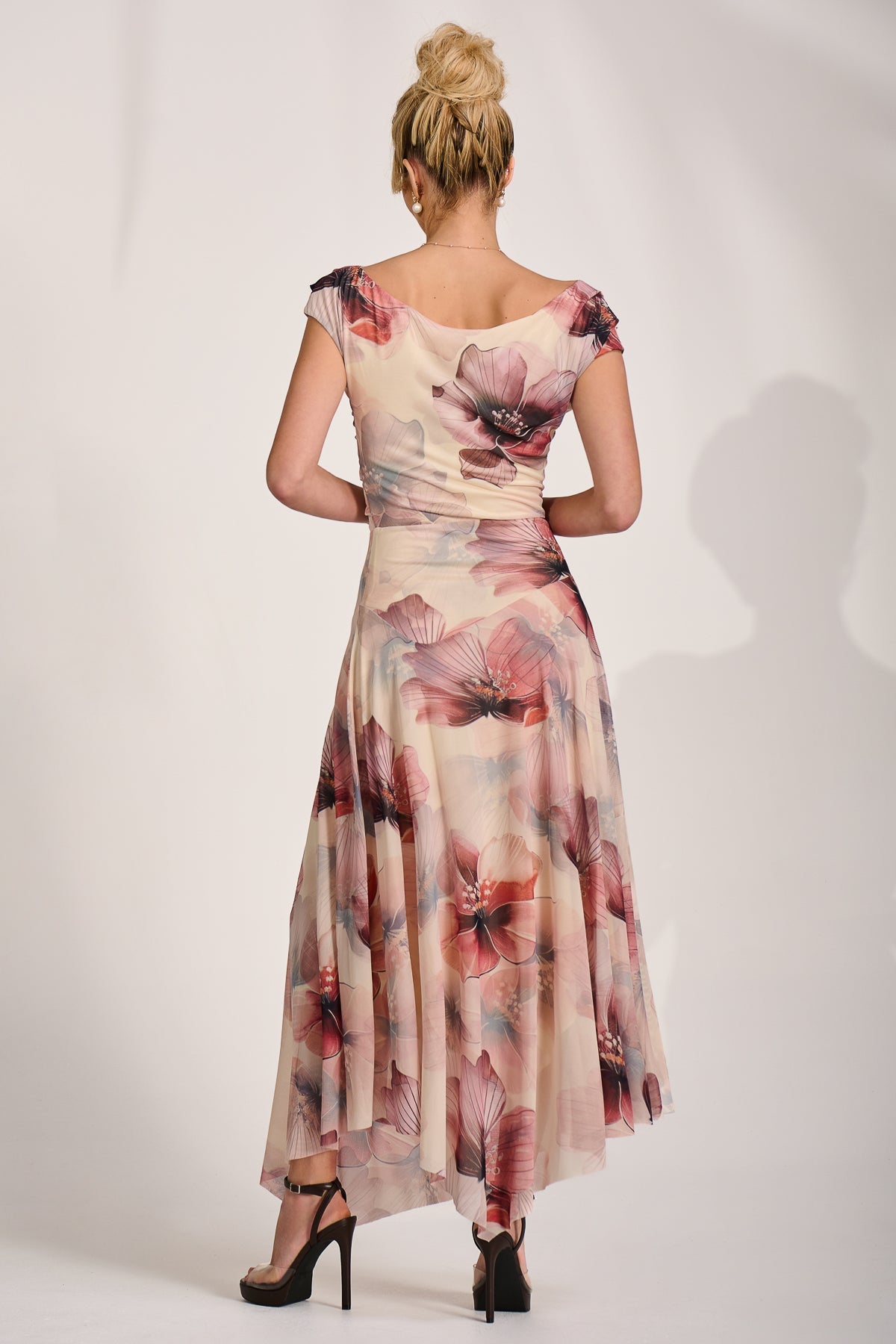 Asymmetrical Draped Mesh Maxi Dress Back View