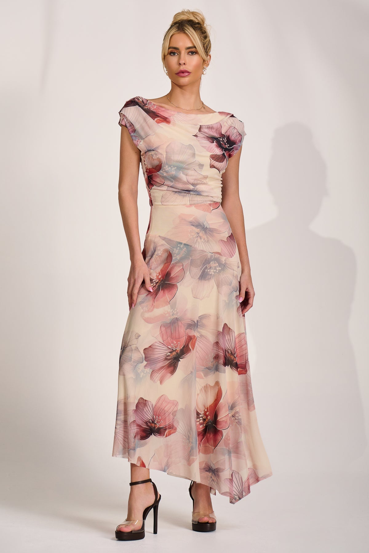 Asymmetrical Draped Mesh Maxi Dress Side View