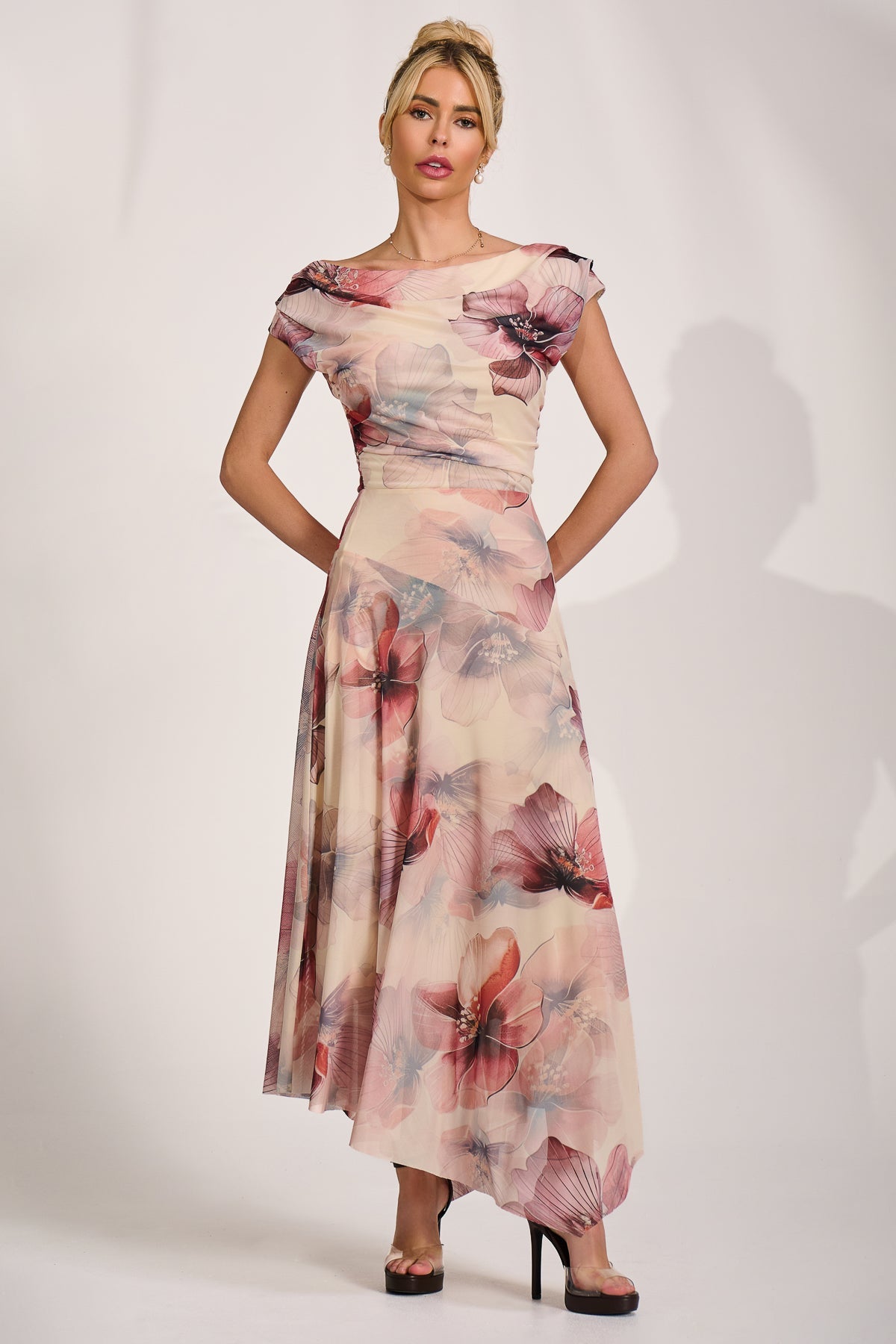 Asymmetrical Draped Mesh Maxi Dress Detail View