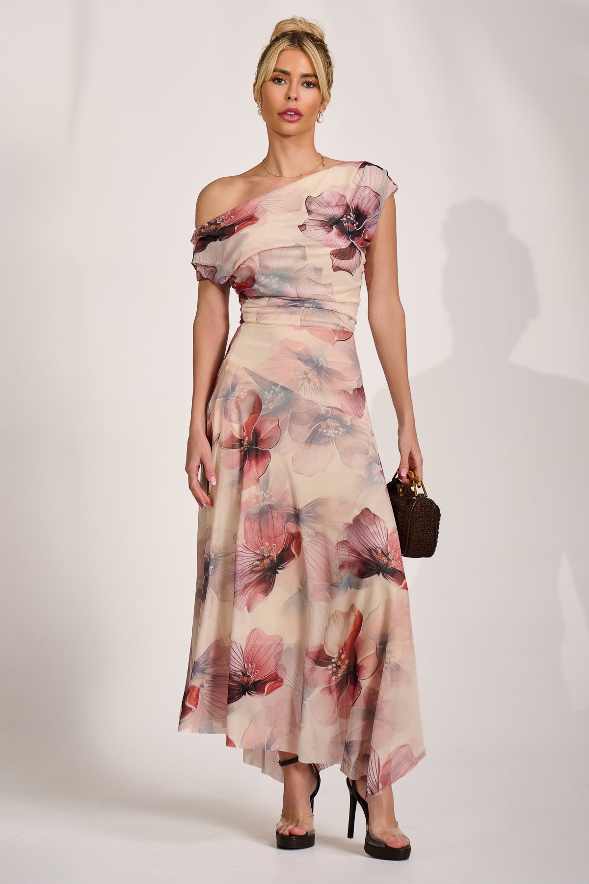 Asymmetrical Draped Mesh Maxi Dress Full Length View