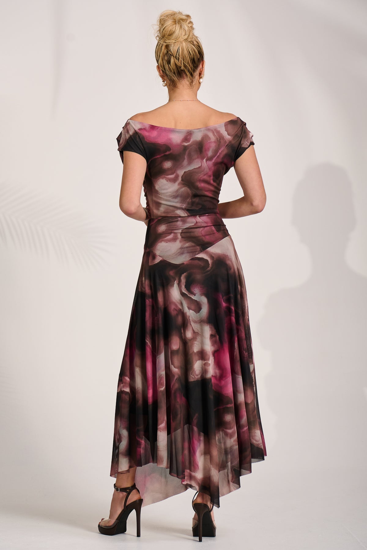 Asymmetrical Draped Mesh Maxi Dress Pink Abstract Back View