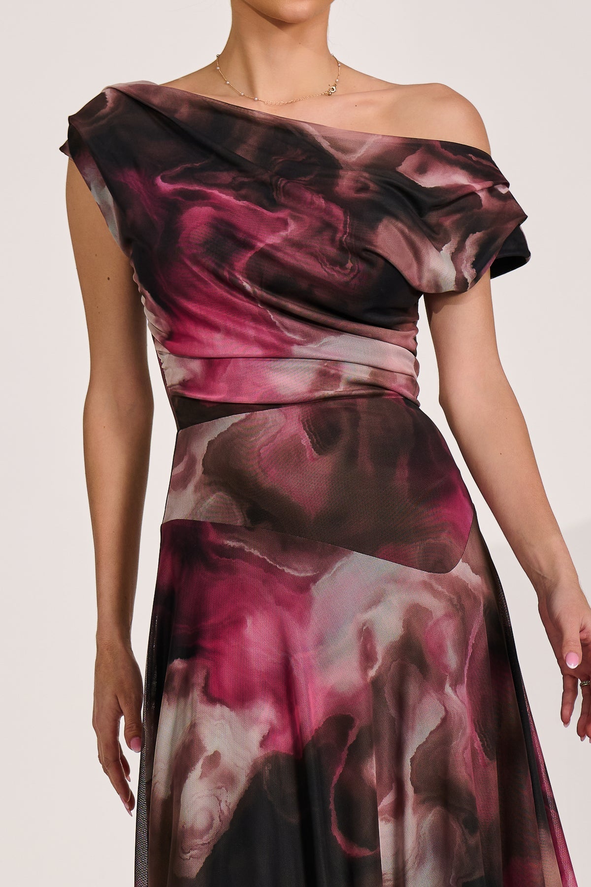 Asymmetrical Draped Mesh Maxi Dress Pink Abstract Styled View