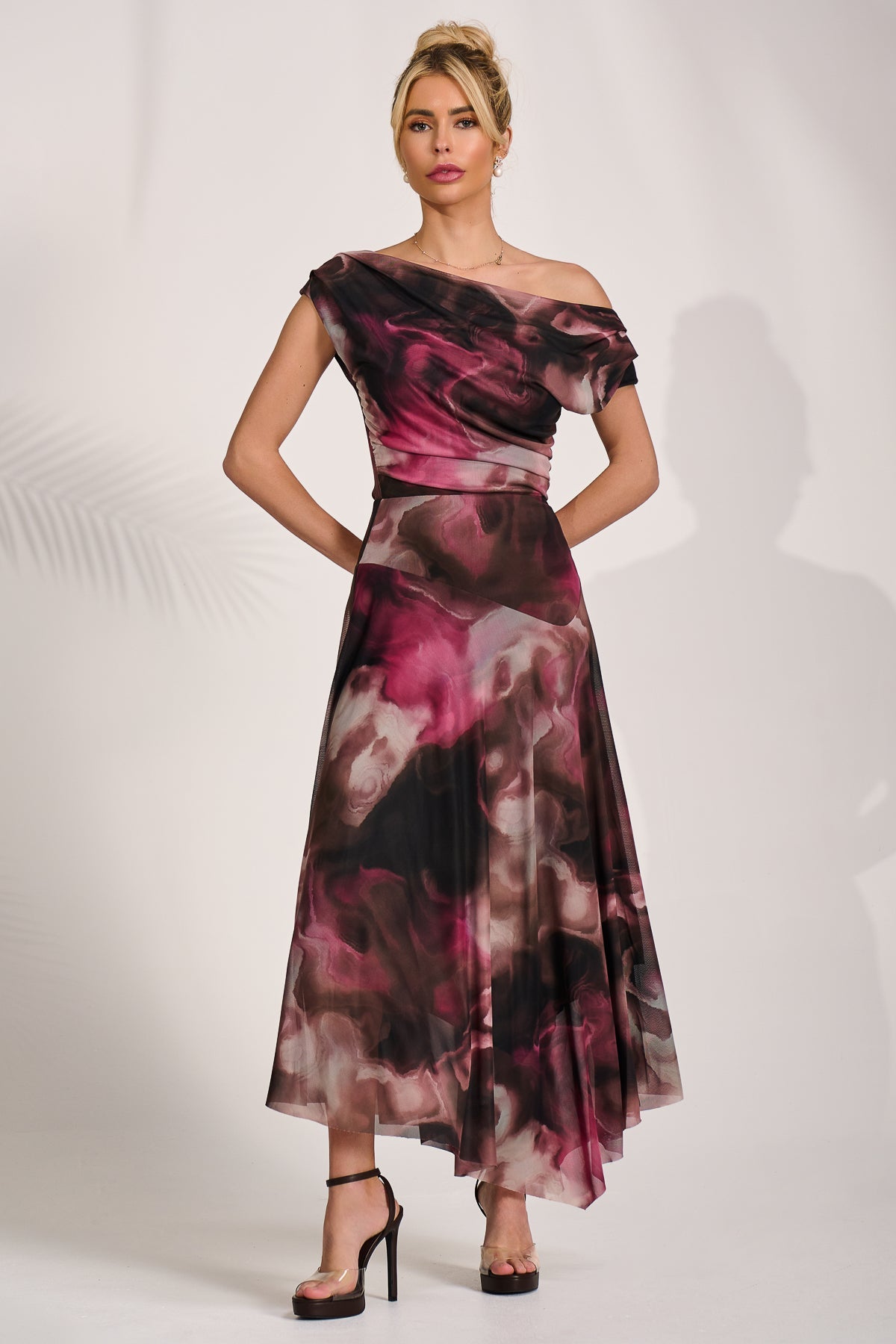 Asymmetrical Draped Mesh Maxi Dress Pink Abstract Side View