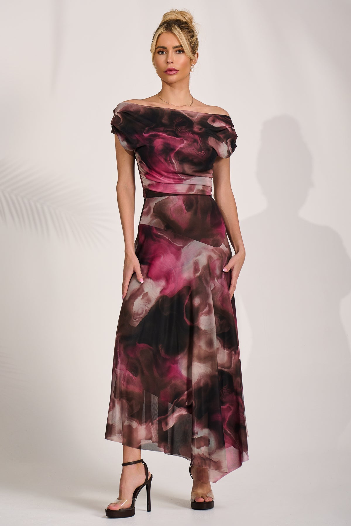 Asymmetrical Draped Mesh Maxi Dress Pink Abstract Detail View