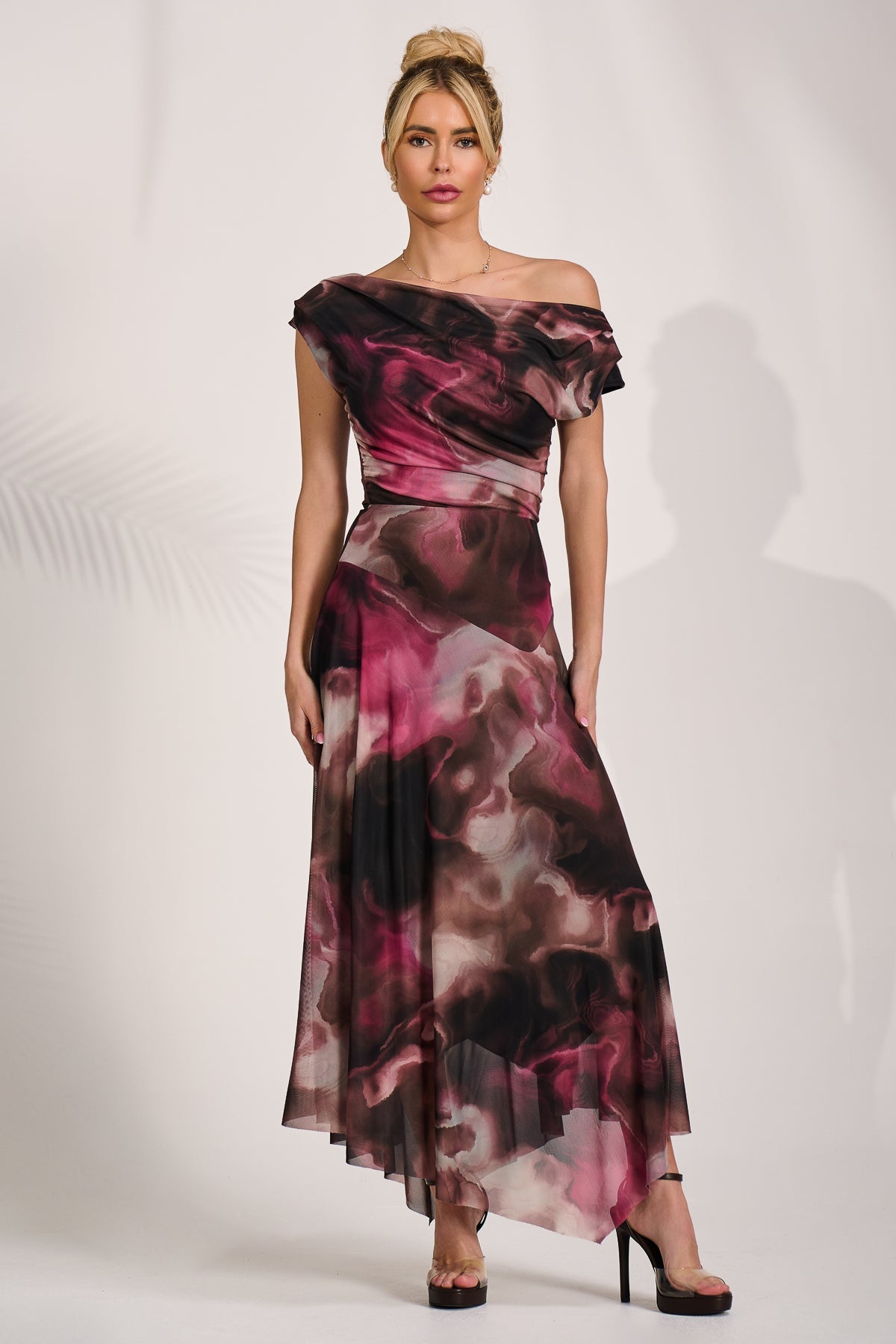 Asymmetrical Draped Mesh Maxi Dress Pink Abstract Full Length View