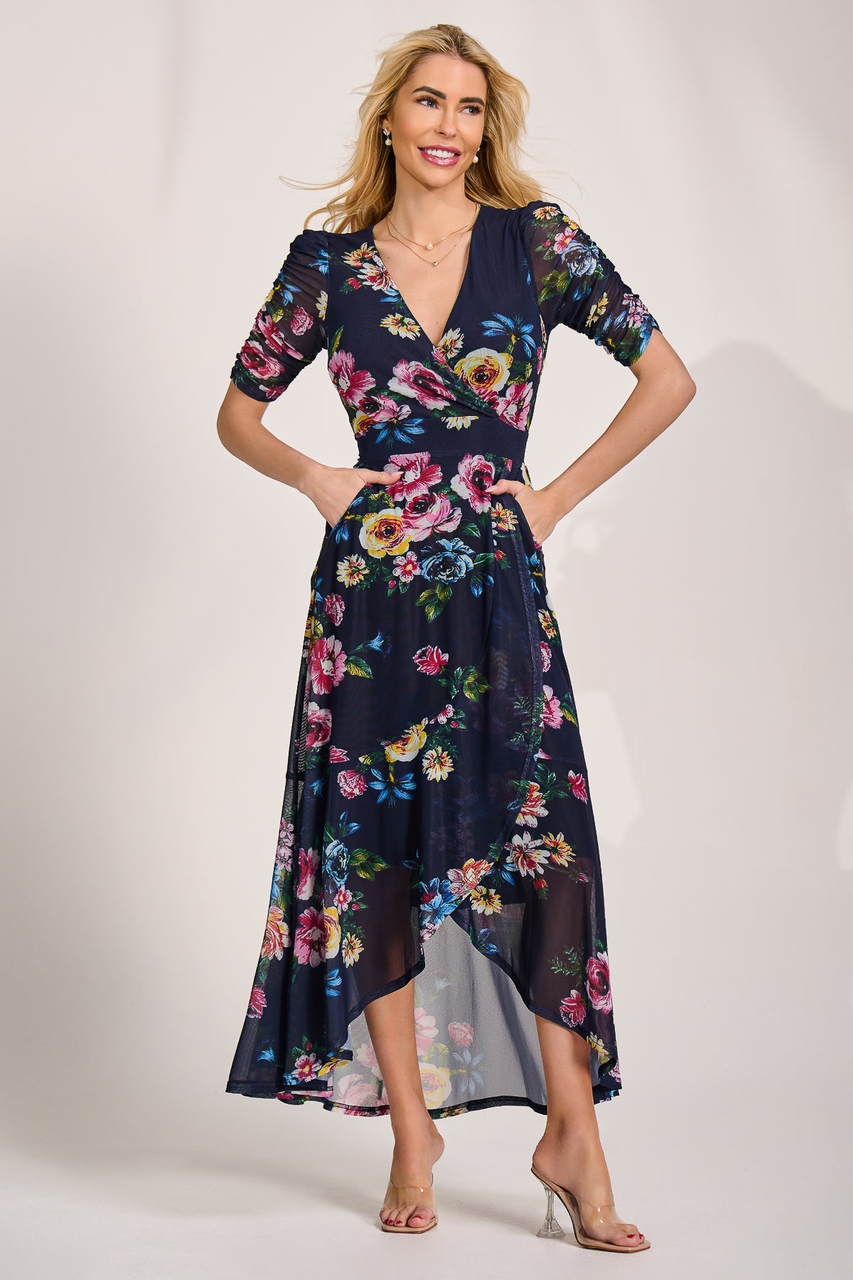 Ruched Sleeve Mesh Maxi Dress Navy Floral Front View
