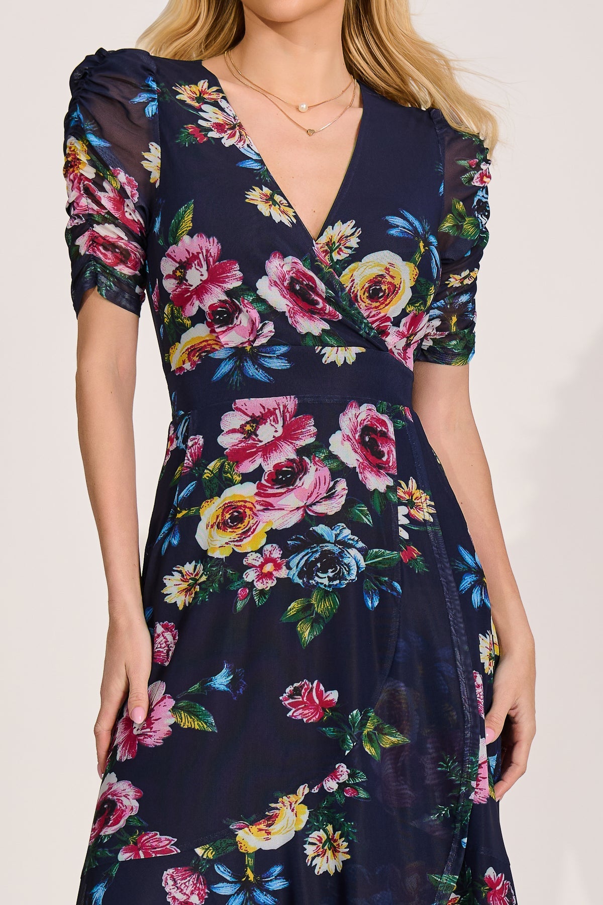 Ruched Sleeve Mesh Maxi Dress Navy Floral Styled View