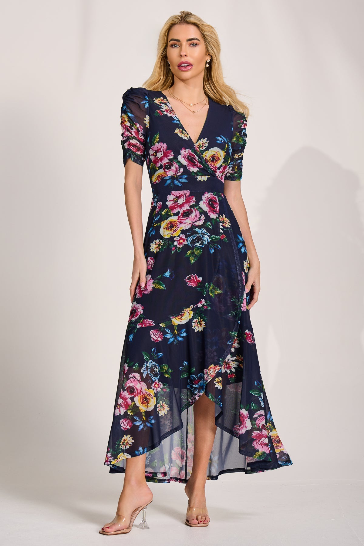 Ruched Sleeve Mesh Maxi Dress Navy Floral Side View