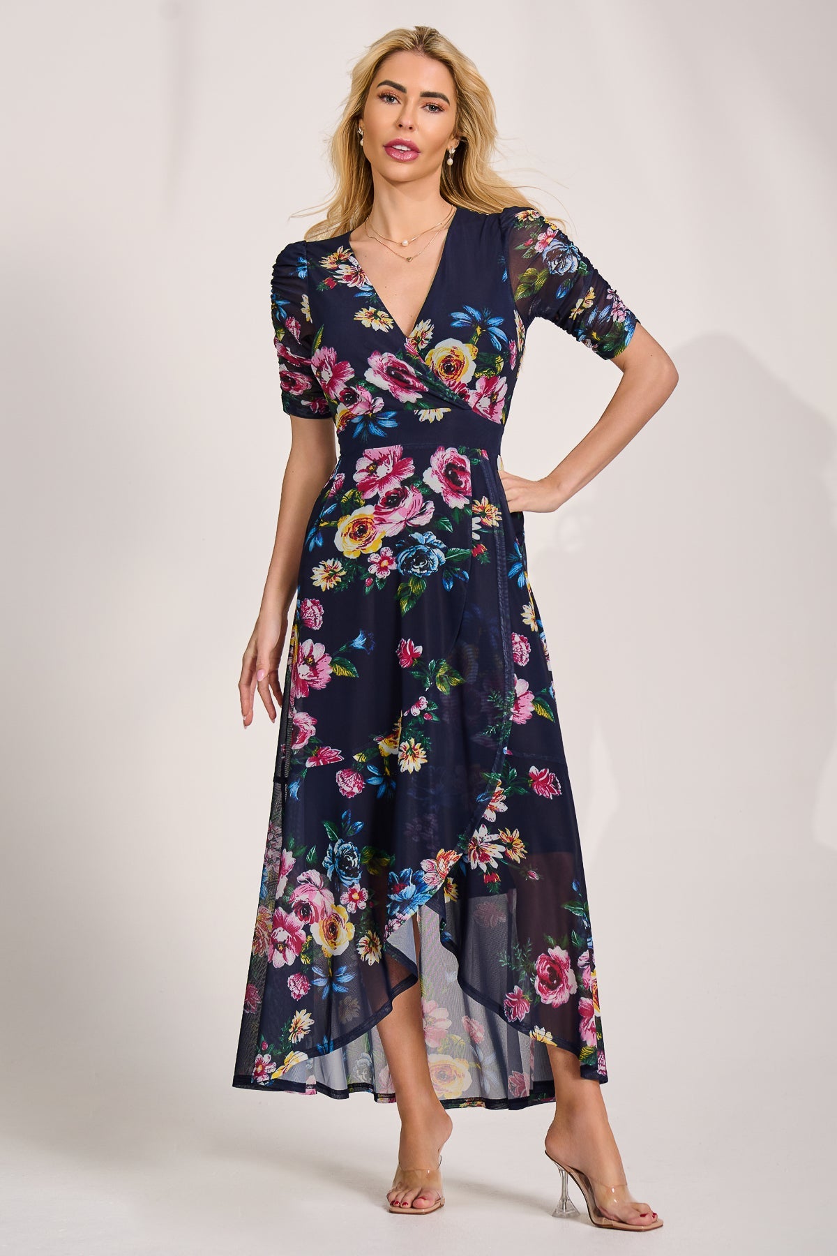 Ruched Sleeve Mesh Maxi Dress Navy Floral Detail View