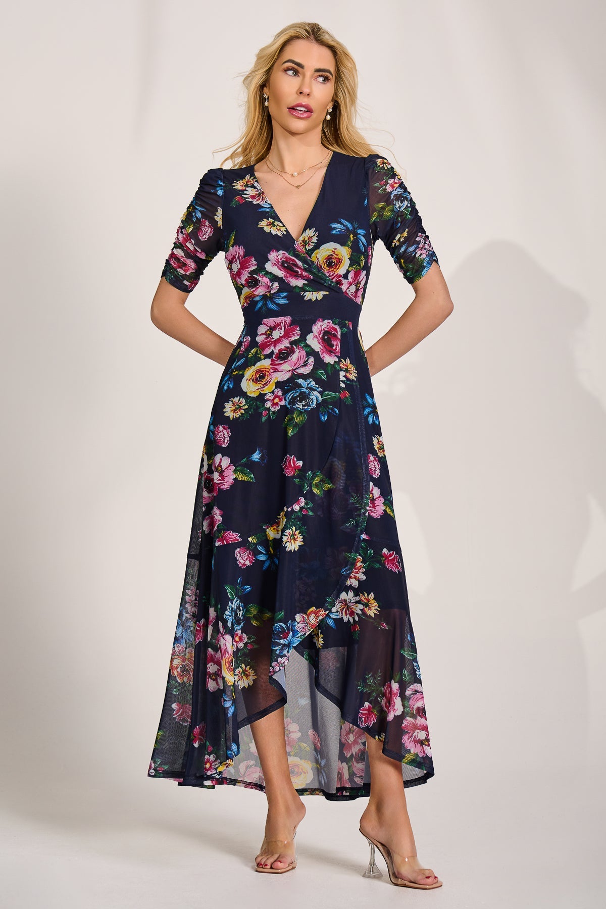 Ruched Sleeve Mesh Maxi Dress Navy Floral Full Length View