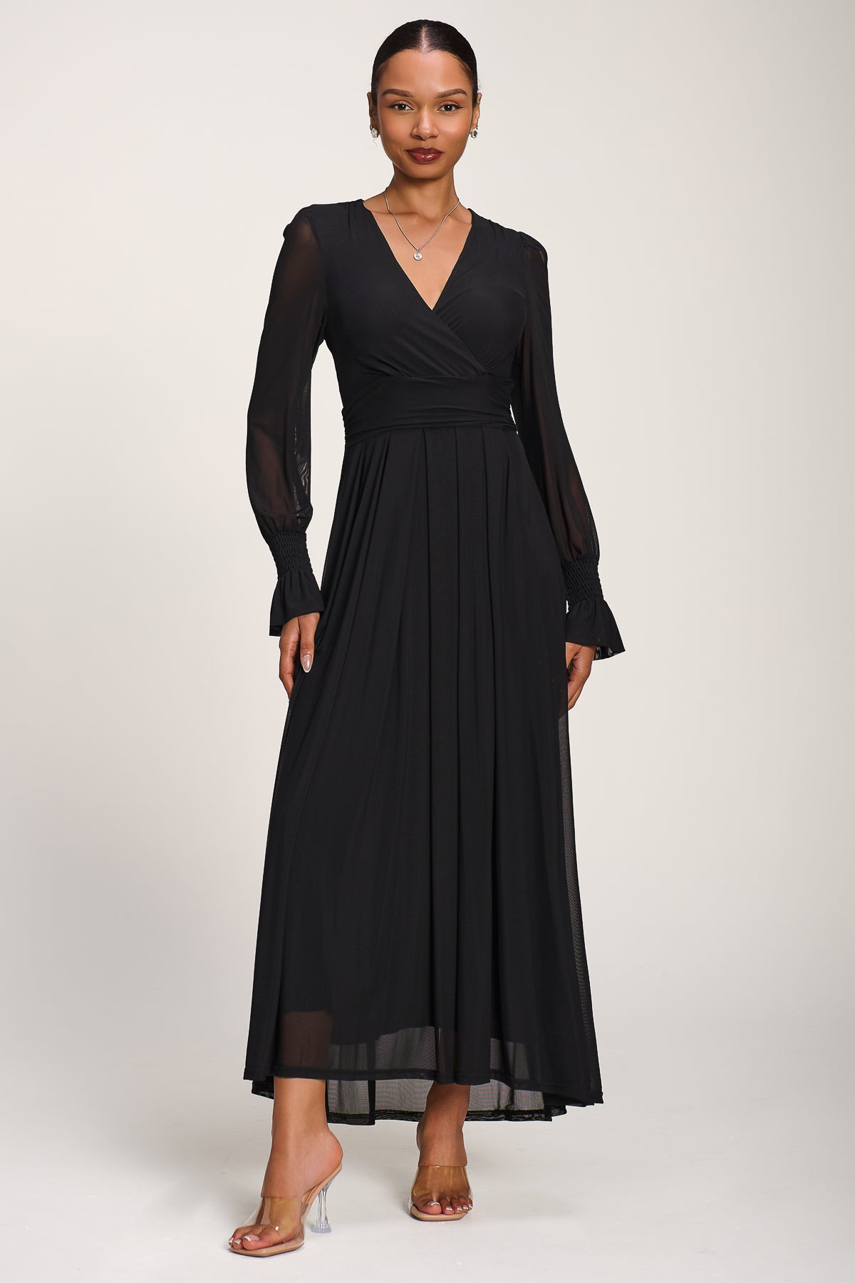 Long Sleeve Mesh Maxi Dress Front View