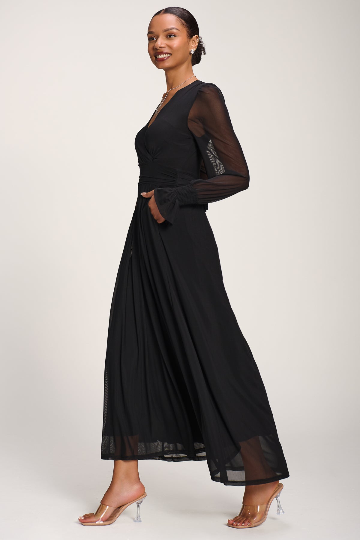 Long Sleeve Mesh Maxi Dress Front View 2