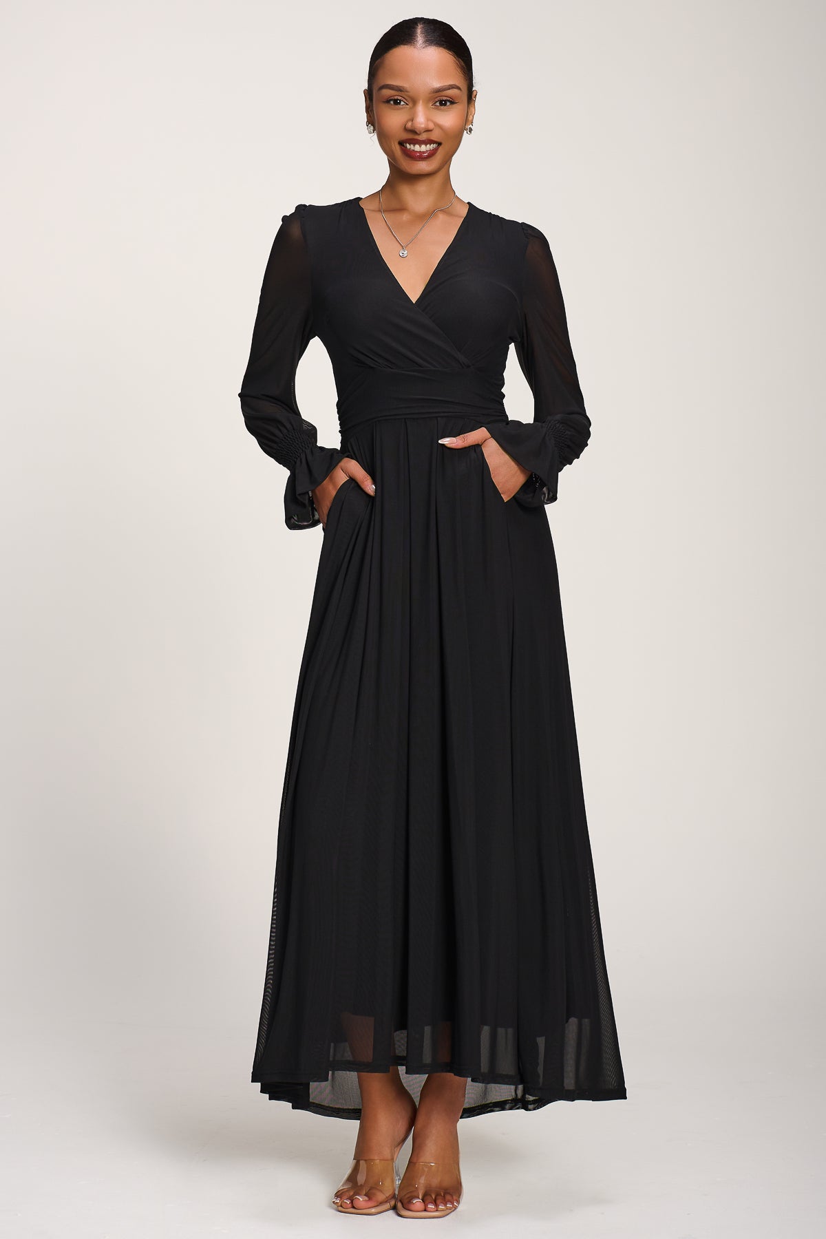 Long Sleeve Mesh Maxi Dress Styled View
