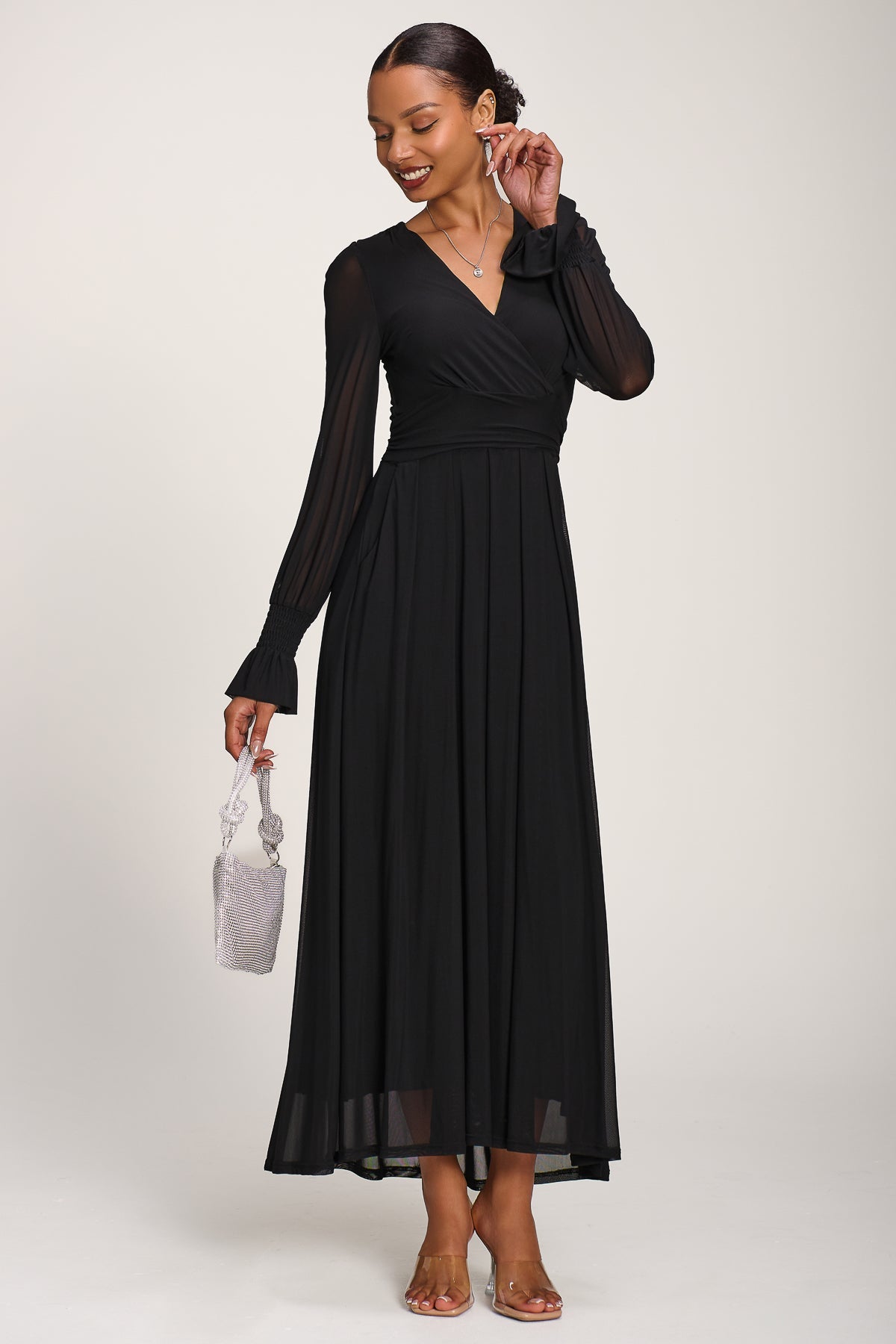 Long Sleeve Mesh Maxi Dress Full Length View