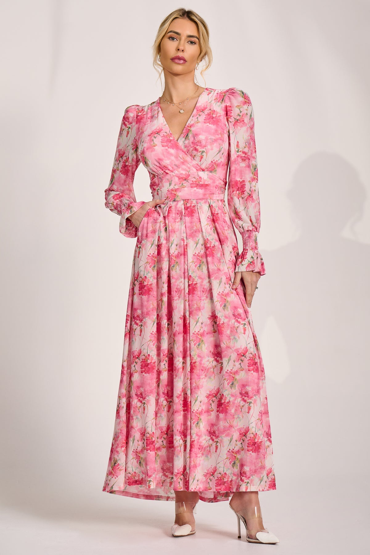 Long Sleeve Dip Hem Mesh Maxi Dress Front View