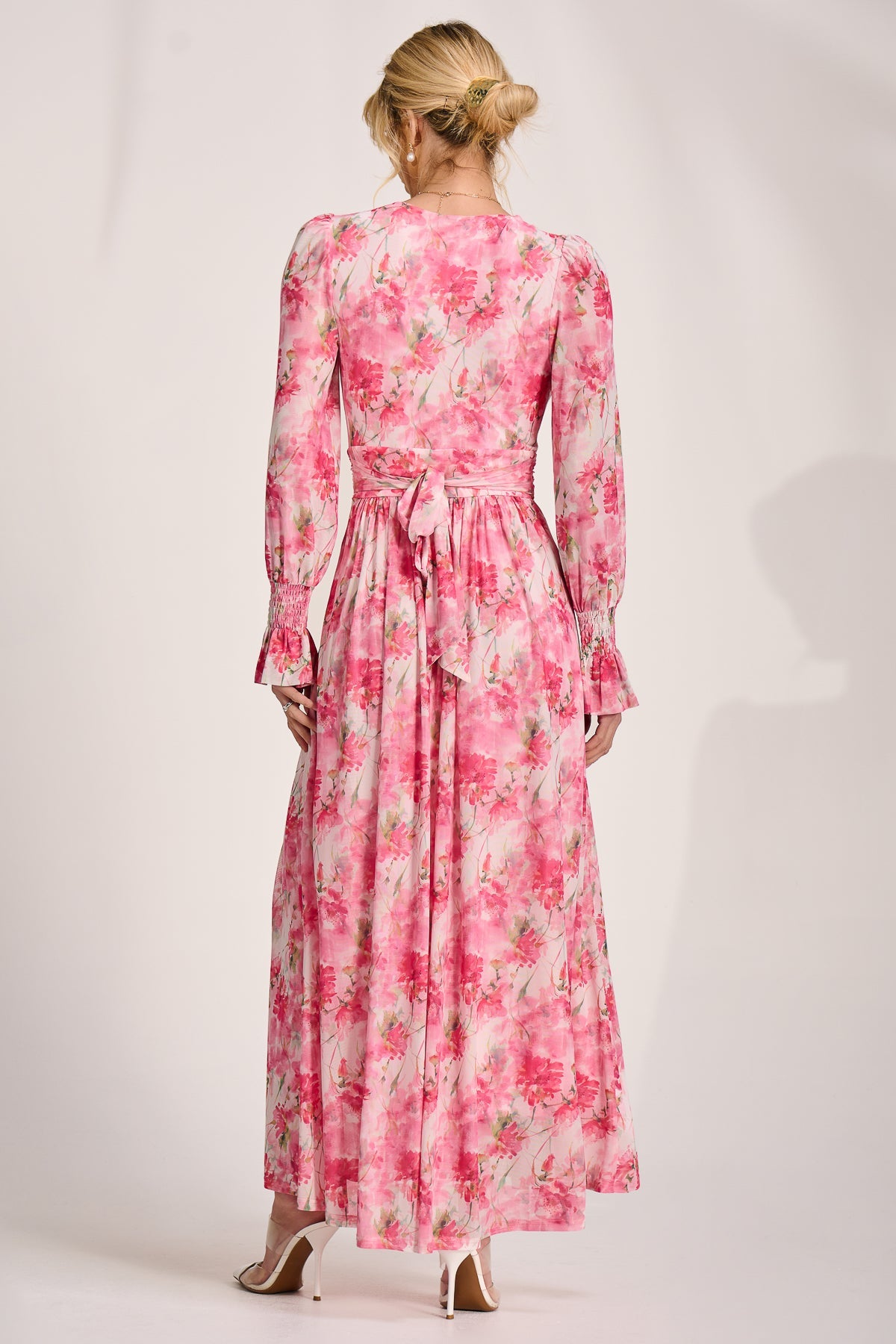 Long Sleeve Dip Hem Mesh Maxi Dress Back View