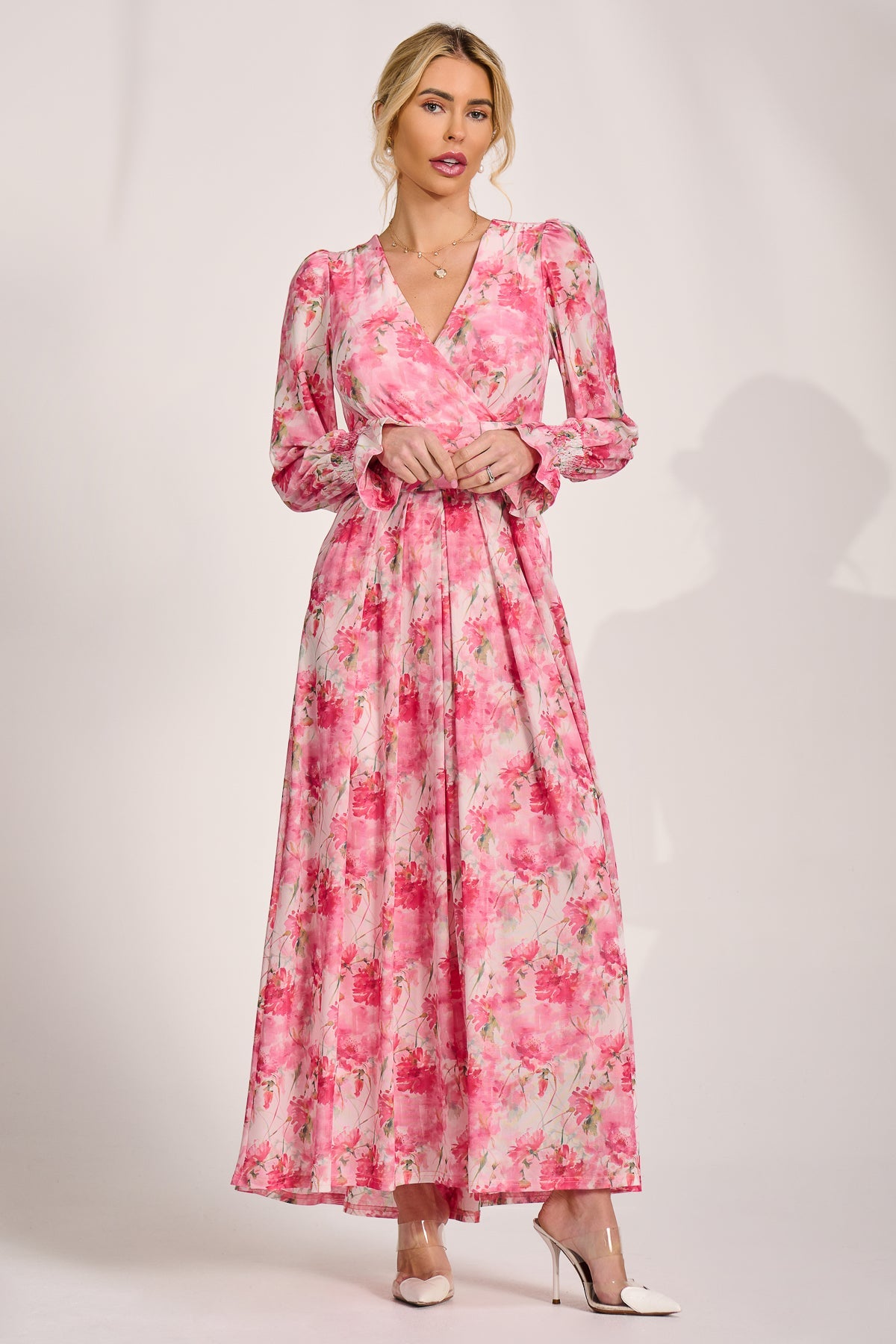 Long Sleeve Dip Hem Mesh Maxi Dress Full Length View