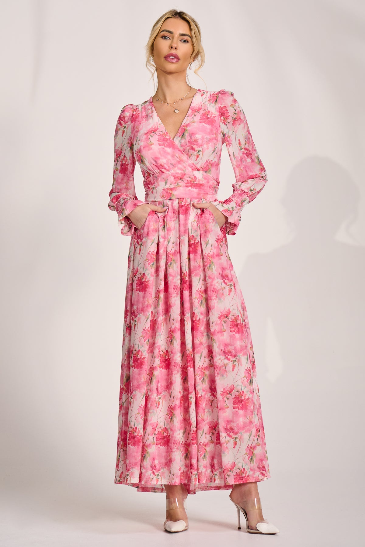 Long Sleeve Dip Hem Mesh Maxi Dress Detail View