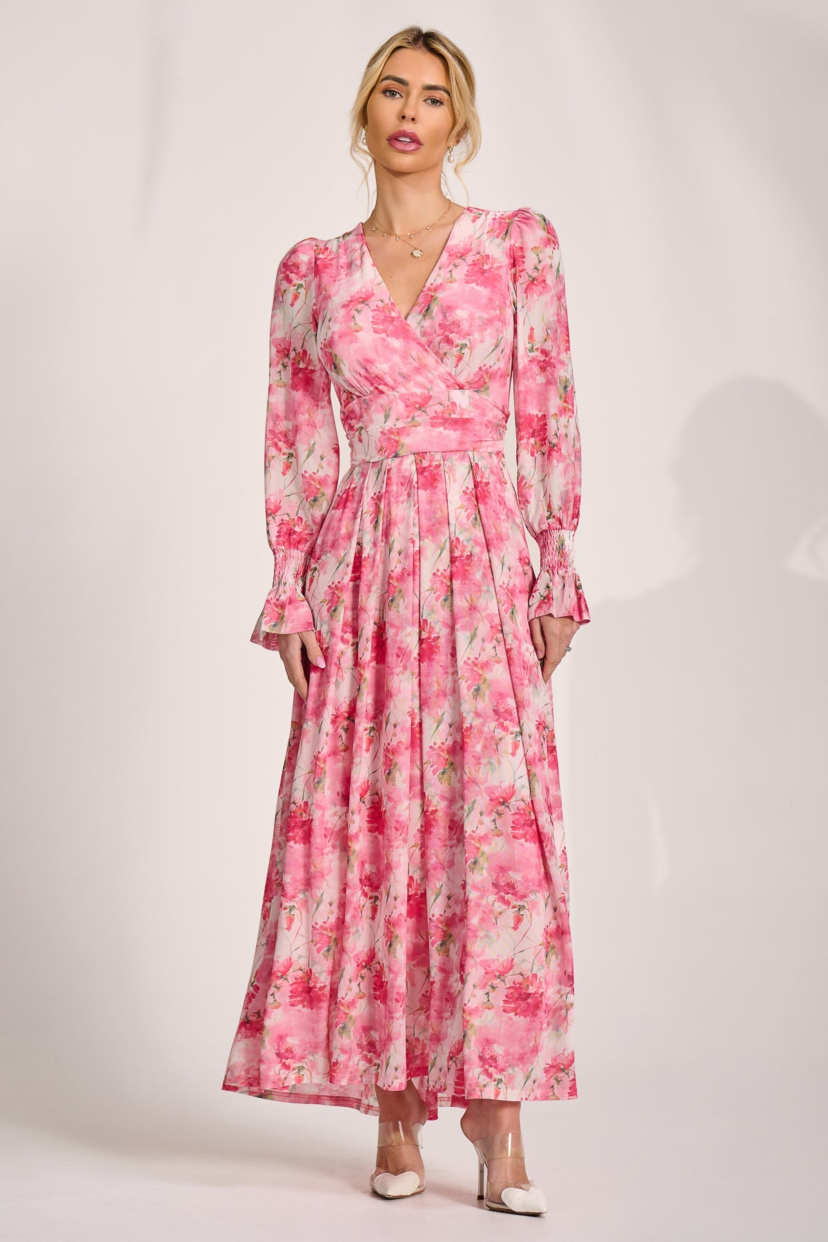 Long Sleeve Dip Hem Mesh Maxi Dress Styled View