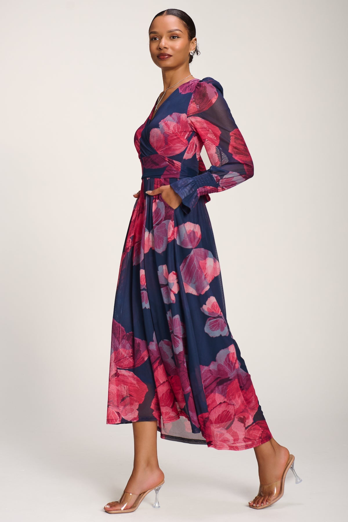 Long Sleeve V Neck Mesh Maxi Dress Fuchsia Floral Side View