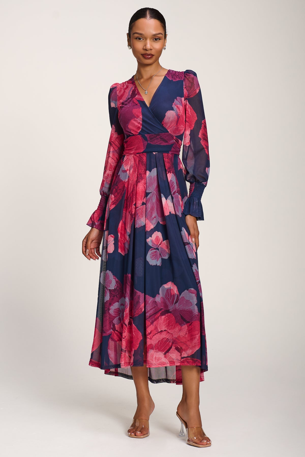 Long Sleeve V Neck Mesh Maxi Dress Fuchsia Floral Detail View