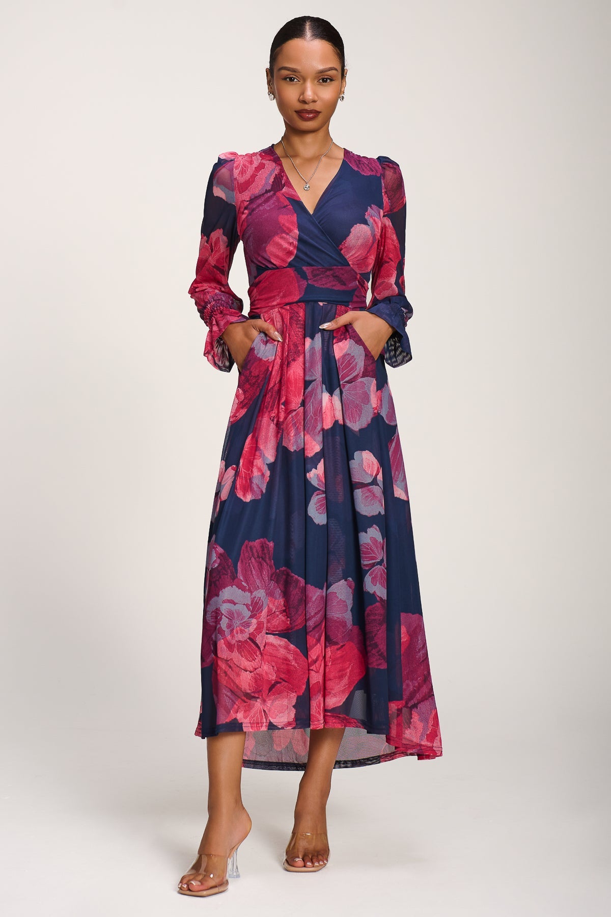 Long Sleeve V Neck Mesh Maxi Dress Fuchsia Floral Styled View