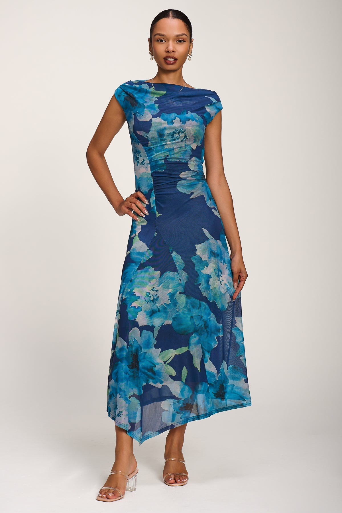 Asymmetric Draped Mesh Midaxi Dress BLUE FLORAL Front View