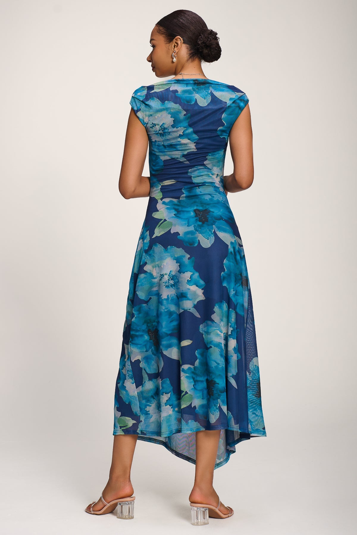 Asymmetric Draped Mesh Midaxi Dress BLUE FLORAL Back View